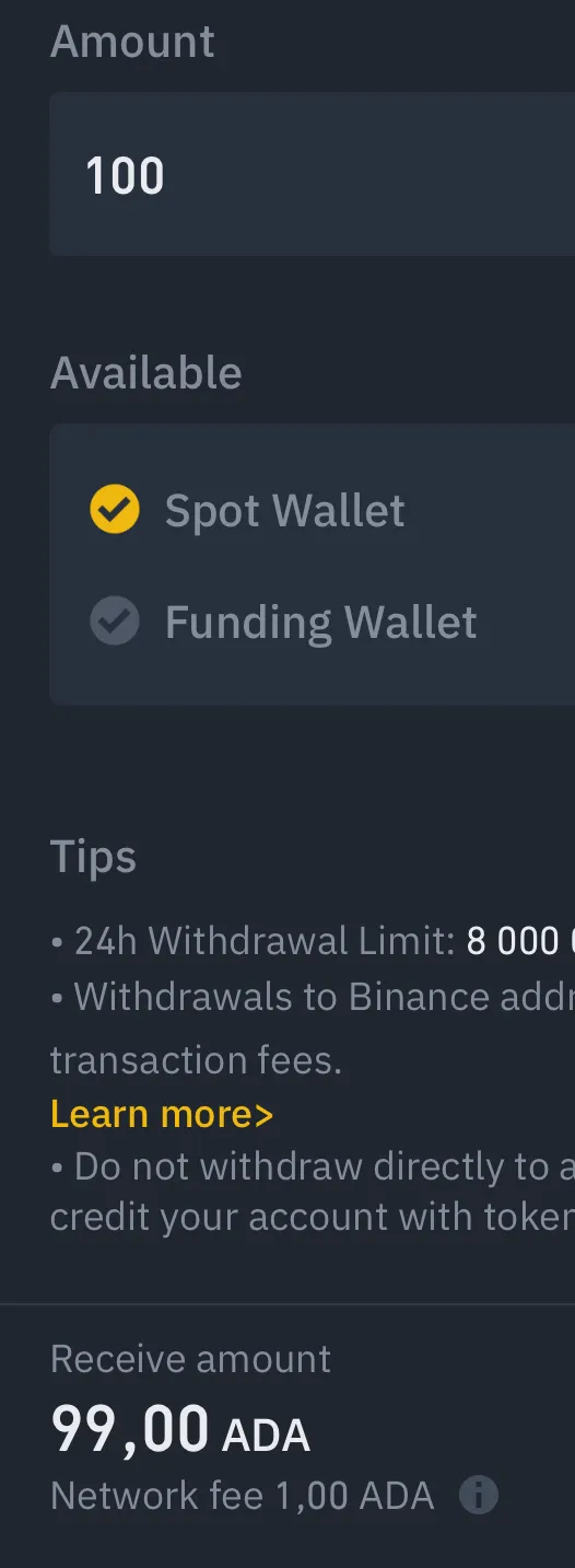 Ledger - ADA network fee