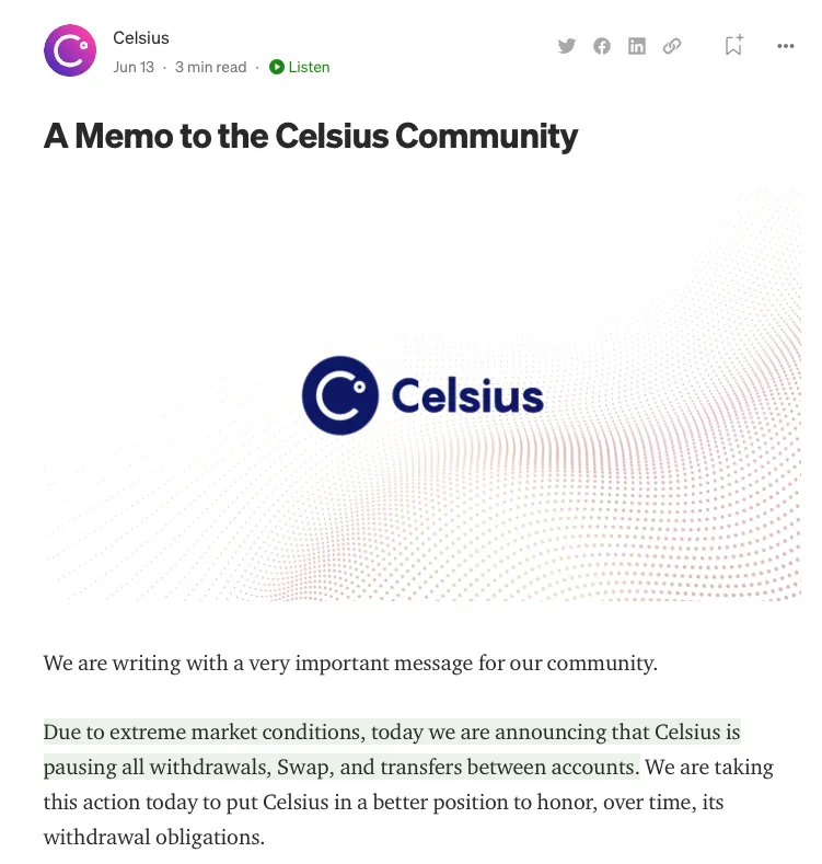 Celsius is pausing all withdrawals, Swap, and transfers between accounts