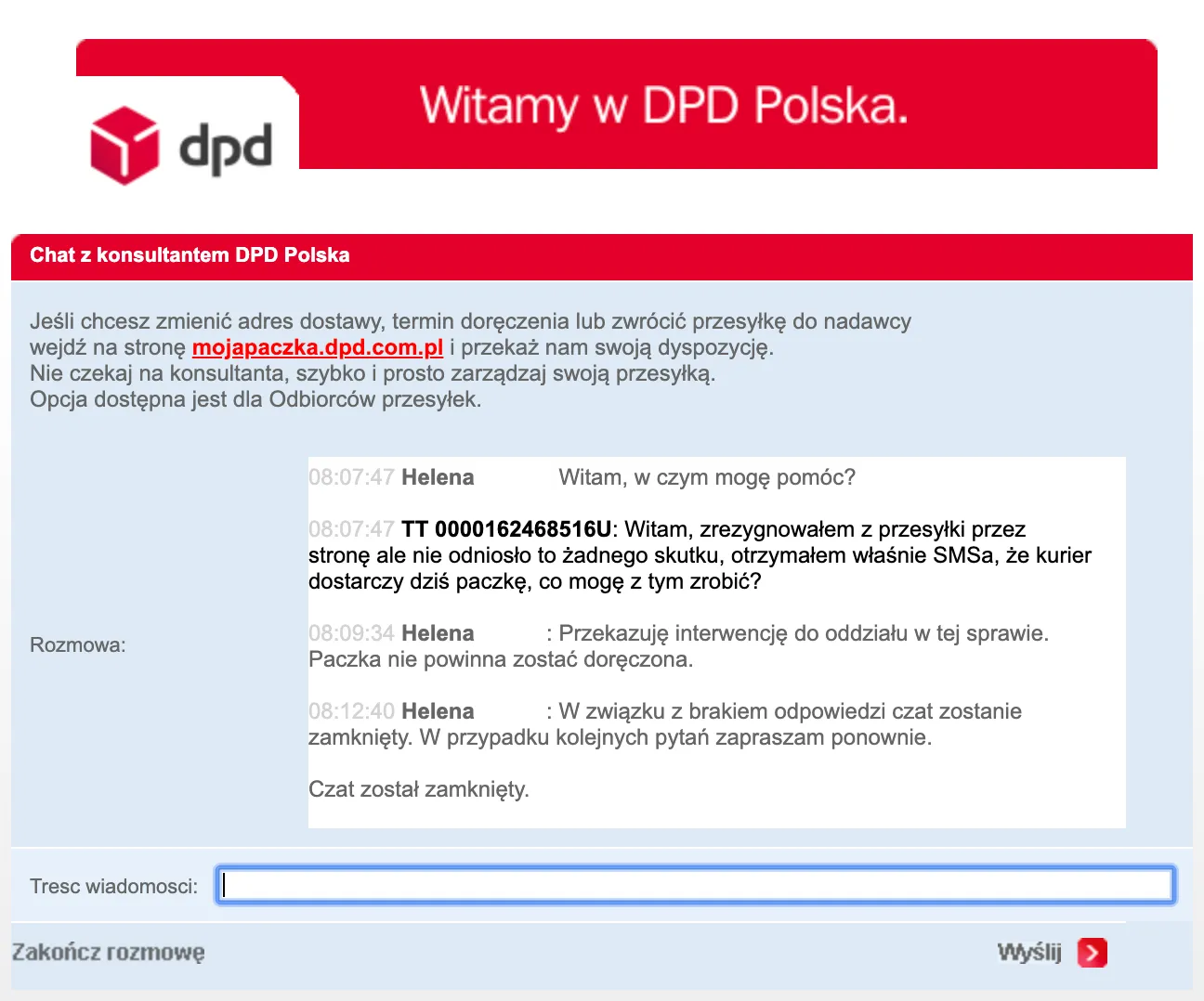 DPD - czat, zgłoszenie