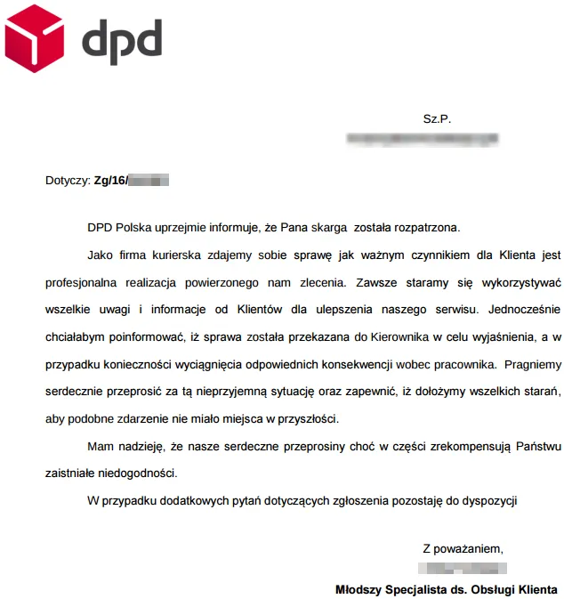 DPD - odpowiedź na reklamację