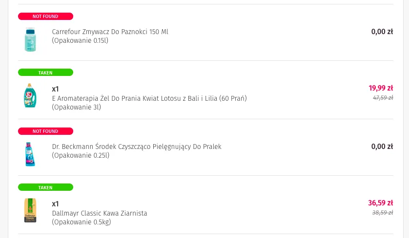 Everli - produkty z koszyka