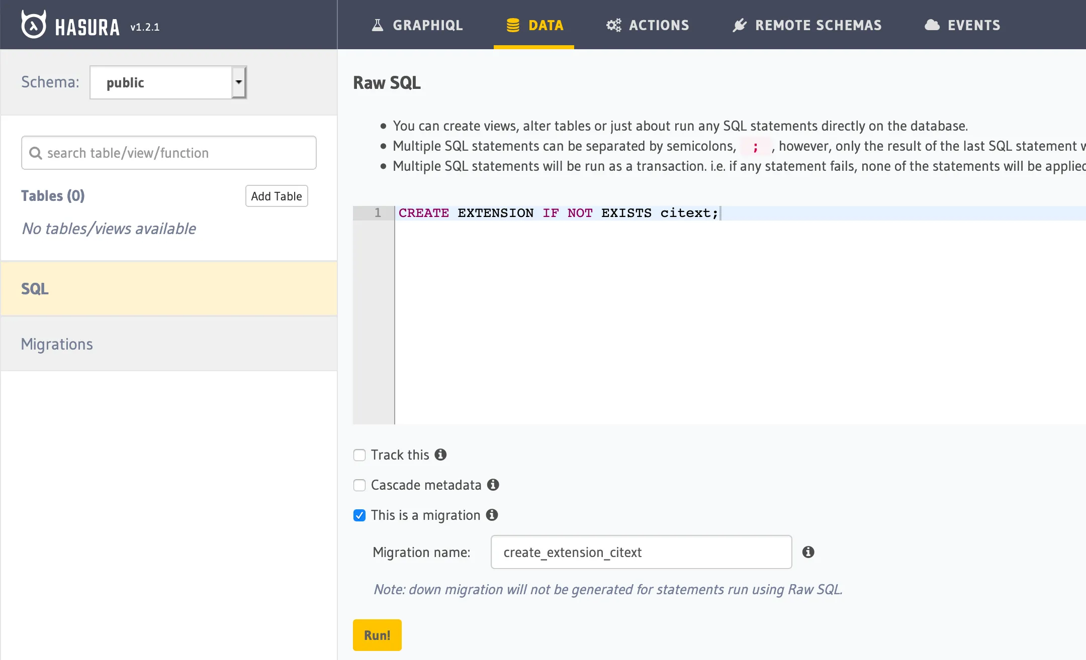 Hasura - SQL - citext extension