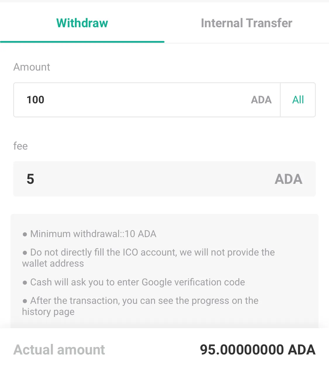 Ledger - ADA network fee