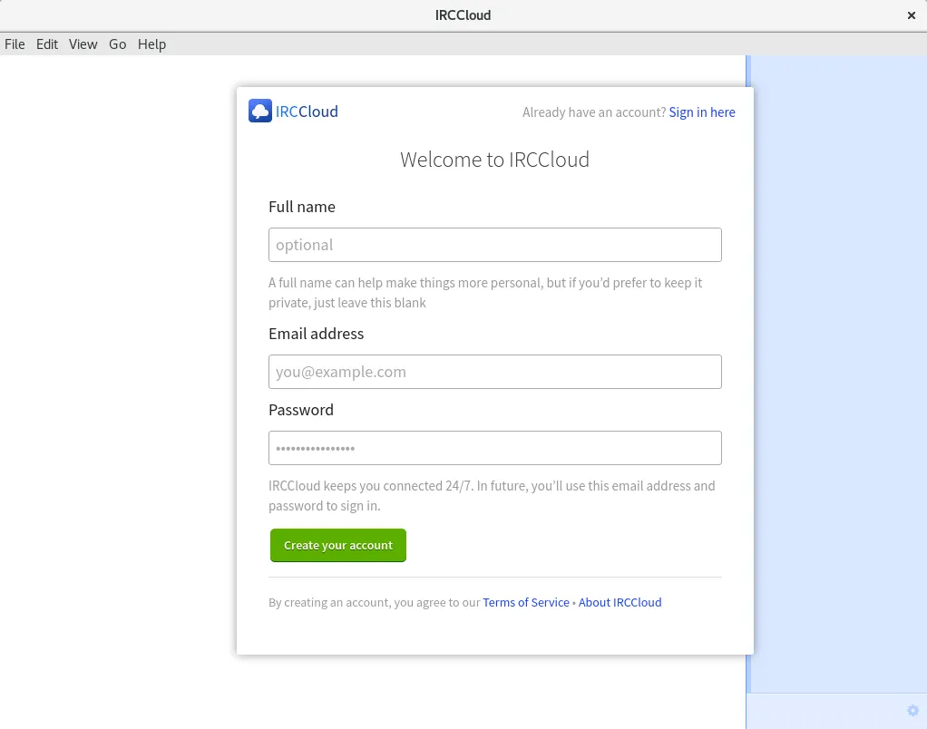 IRCCloud desktop client - Welcome screen