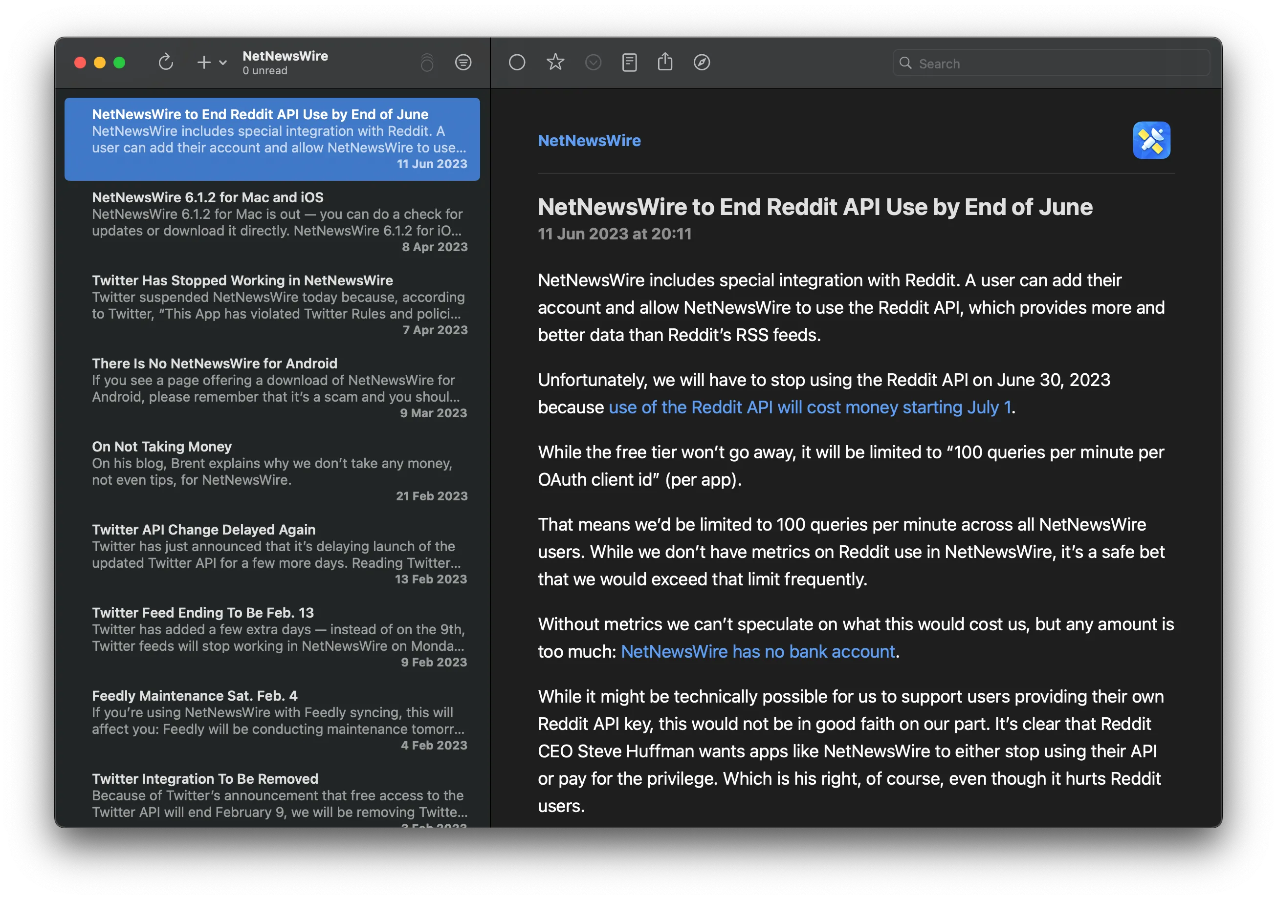 NewsNetWire on macOS (dark mode)