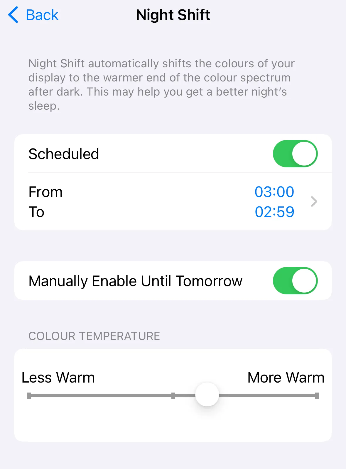 Night Shift settings on iOS
