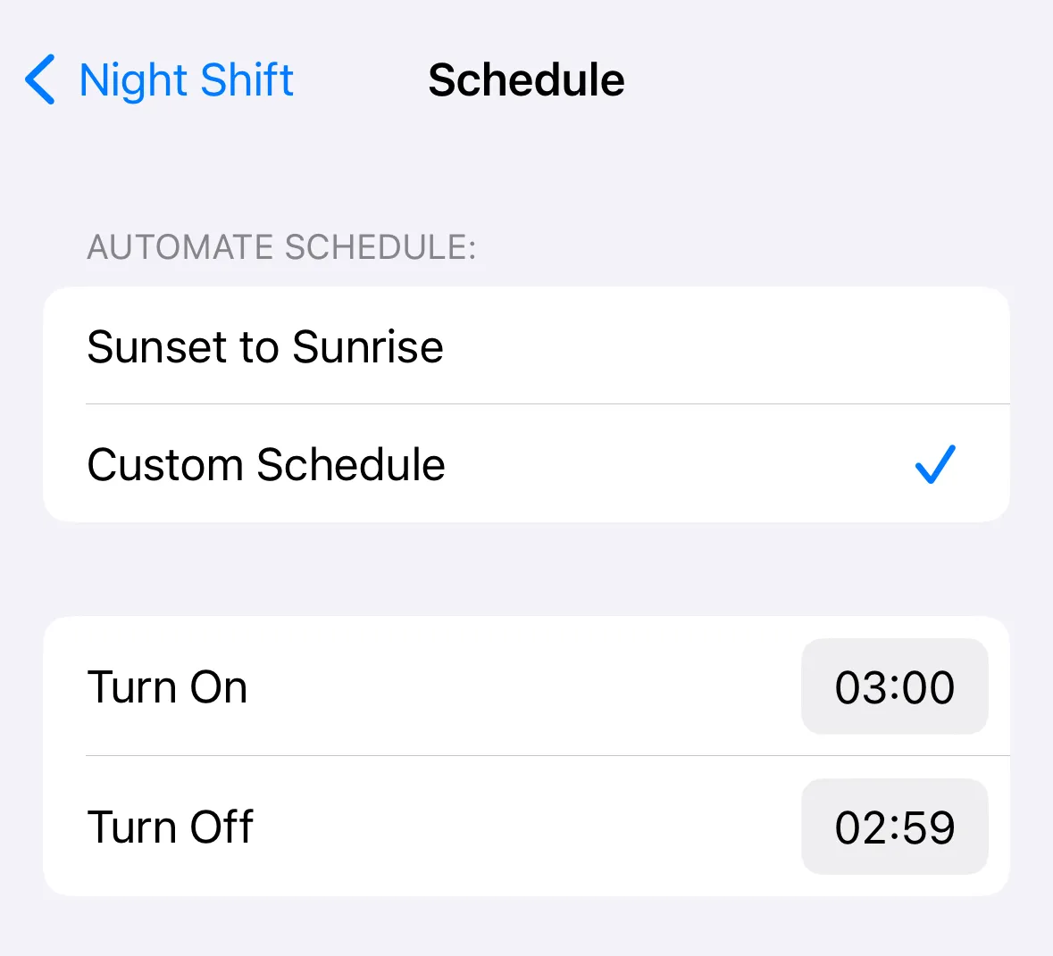 Night Shift settings on iOS