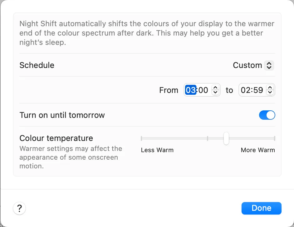 Night Shift settings on macOS