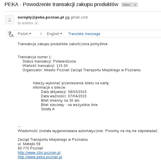 PEKA - potwierdzenie wykonania płatności